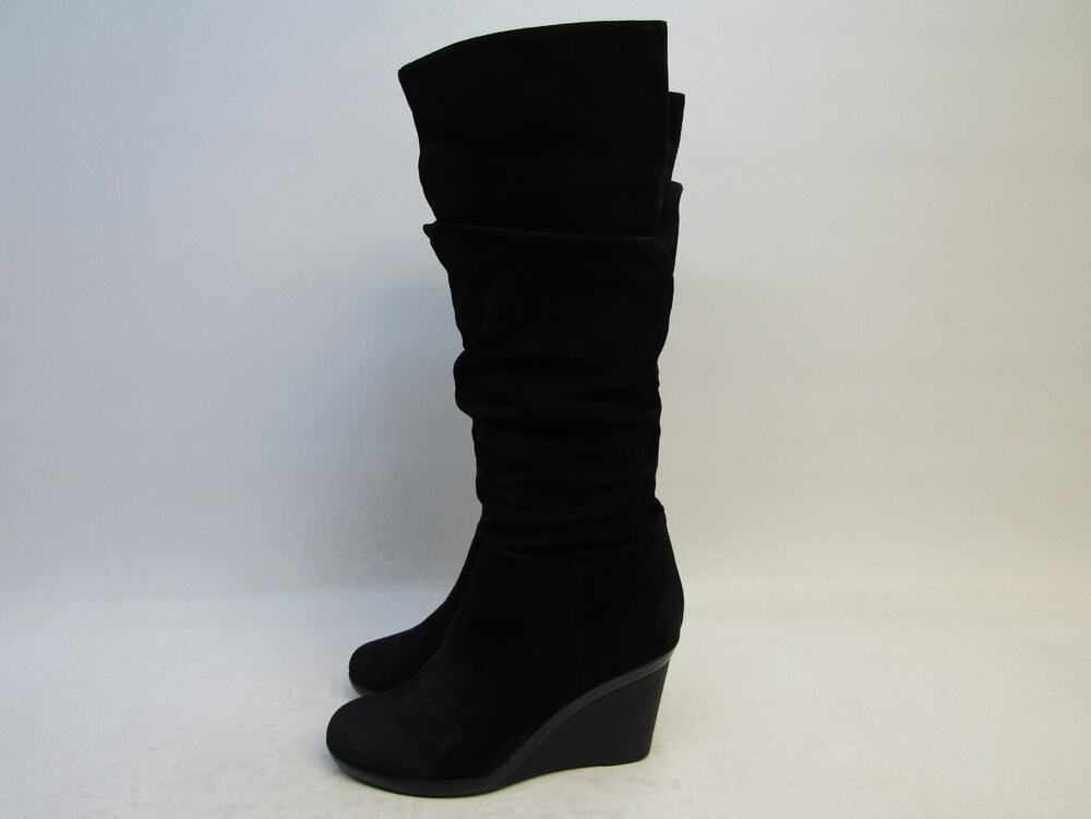 Aquatalia Womens Sz 8.5 Black Suede Slouch Wedge Fashion 16" Shaft Boots